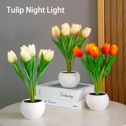 LED Tulip Flower Night Light Artificial Flowerpot Potted Plant Landscape Table Lamp Home Bedroom Living Room Decoration Gift