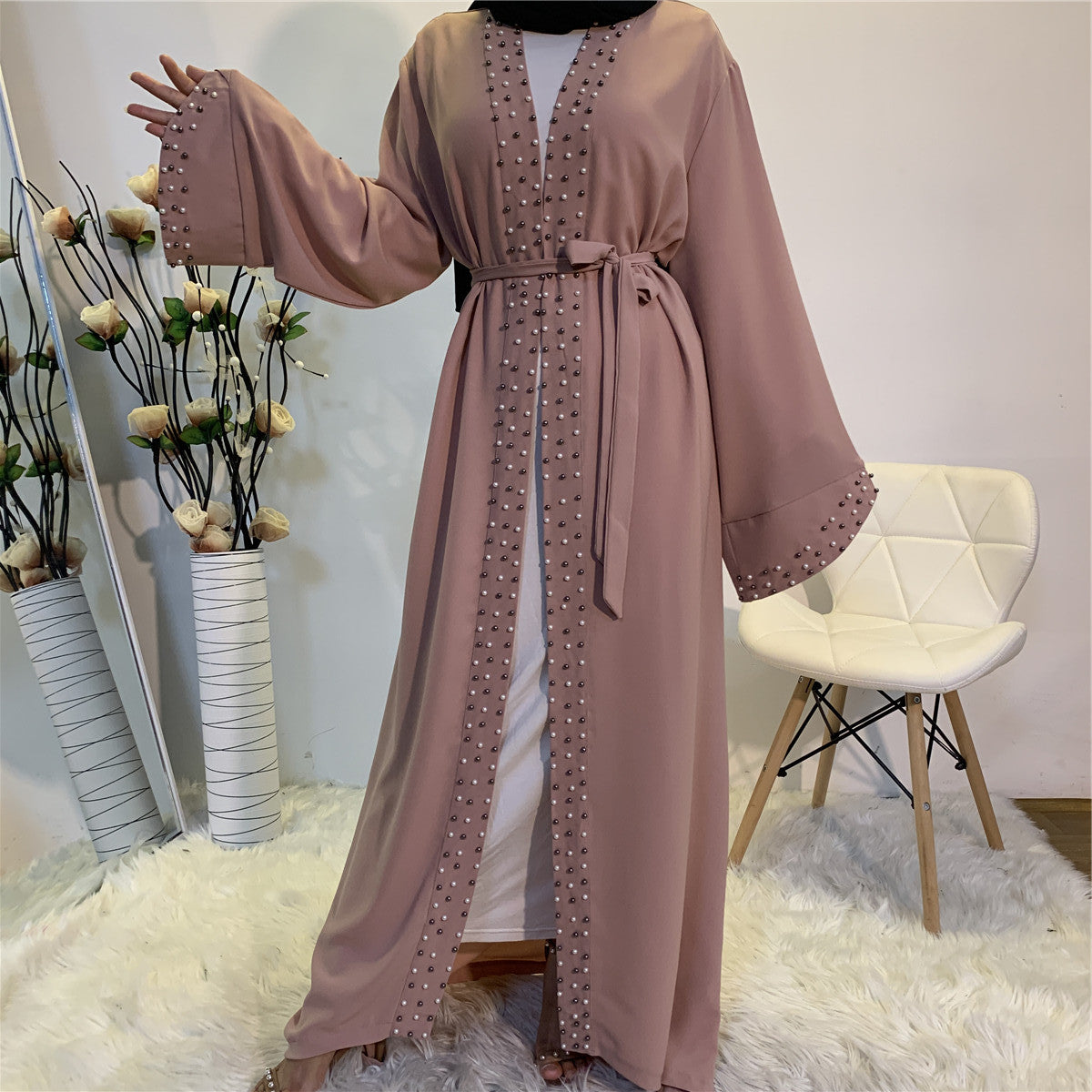 Pure Color Beaded Muslim Cardigan Lace-Up Dress