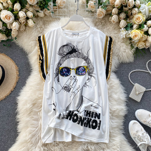 Women's Sleeveless Top Printed Sequined Glasses T-shirt With Wooden Ears