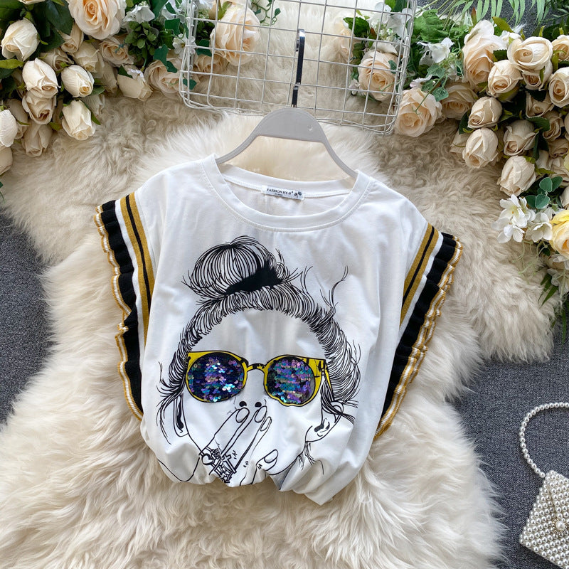 Women's Sleeveless Top Printed Sequined Glasses T-shirt With Wooden Ears