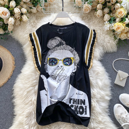 Women's Sleeveless Top Printed Sequined Glasses T-shirt With Wooden Ears