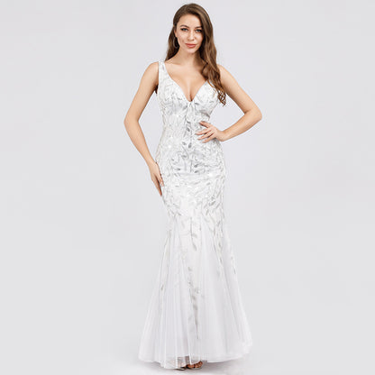 Sleeveless sequined fishtail party evening dress