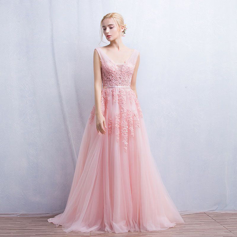 Sweet Pink Lace V-neck Long Evening Dress