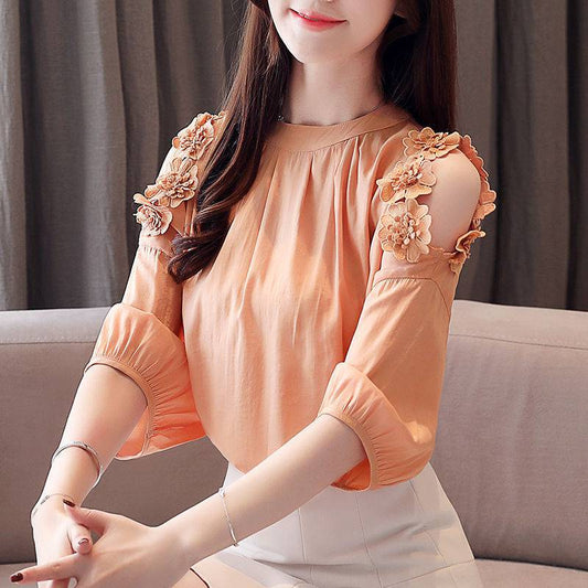 Sleeved Blouse Off-shouldered Chiffon Blouse In The Summer