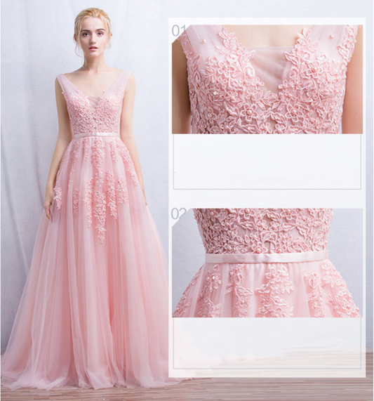 Sweet Pink Lace V-neck Long Evening Dress