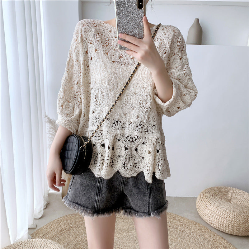 Simple Sexy Hollow Knit Sweater Han Fan Pullover Blouse