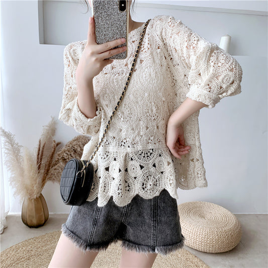 Simple Sexy Hollow Knit Sweater Han Fan Pullover Blouse