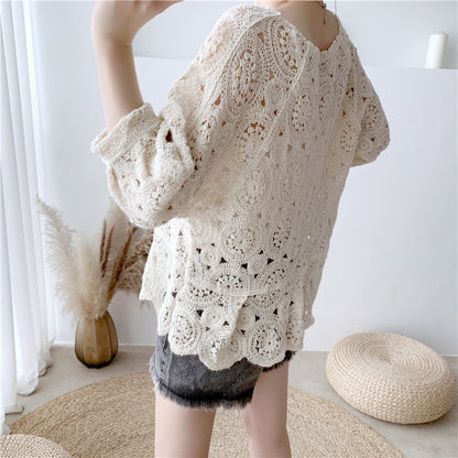 Simple Sexy Hollow Knit Sweater Han Fan Pullover Blouse