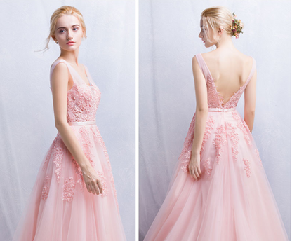 Sweet Pink Lace V-neck Long Evening Dress